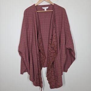 Coldwater Creek Red Plaid Embroidered Waterfall Cardigan Boho Hippie Wrap 2X/3X